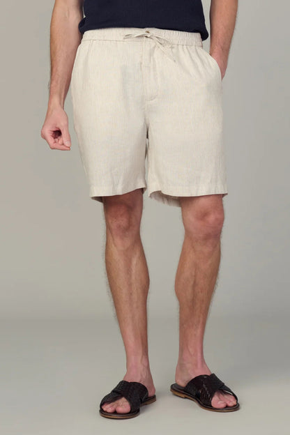 CLARKSON LINEN SHORT IN FLAX STRIPE FRONT VIEW
