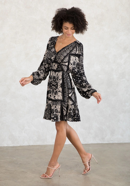 Dolman sleeve smocked mini dress in black taupe front view
