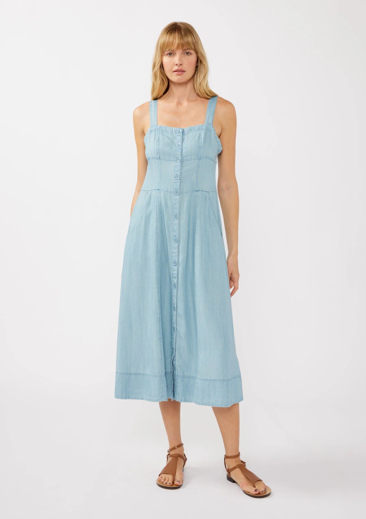 Square neck corset midi dress in light wash denim front view