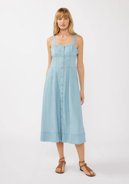 Square neck corset midi dress in light wash denim front view