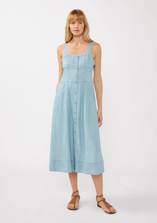 Square neck corset midi dress in light wash denim front view