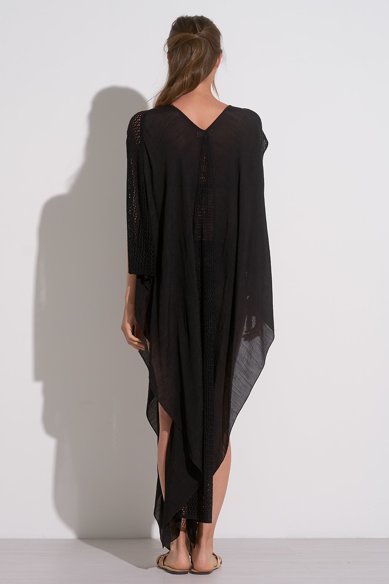 V-NECK CROCHET TRIM KAFTAN IN BLACK BACK VIEW