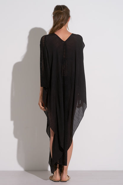 V-NECK CROCHET TRIM KAFTAN IN BLACK BACK VIEW