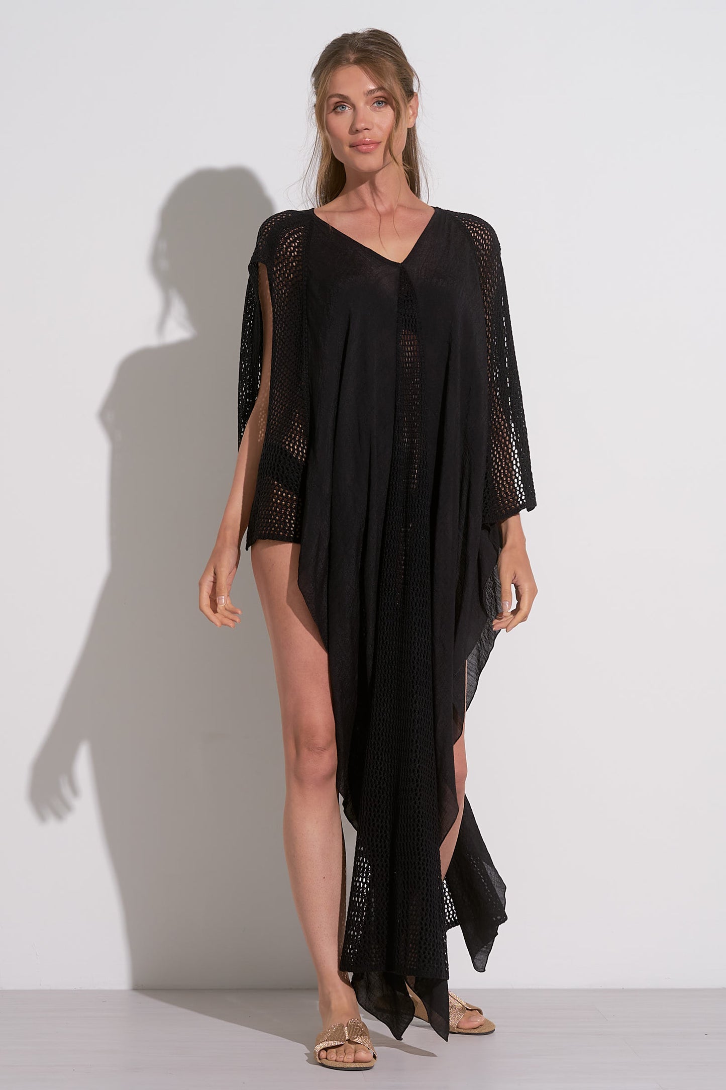 V-NECK CROCHET TRIM KAFTAN IN BLACK FRONT VIEW