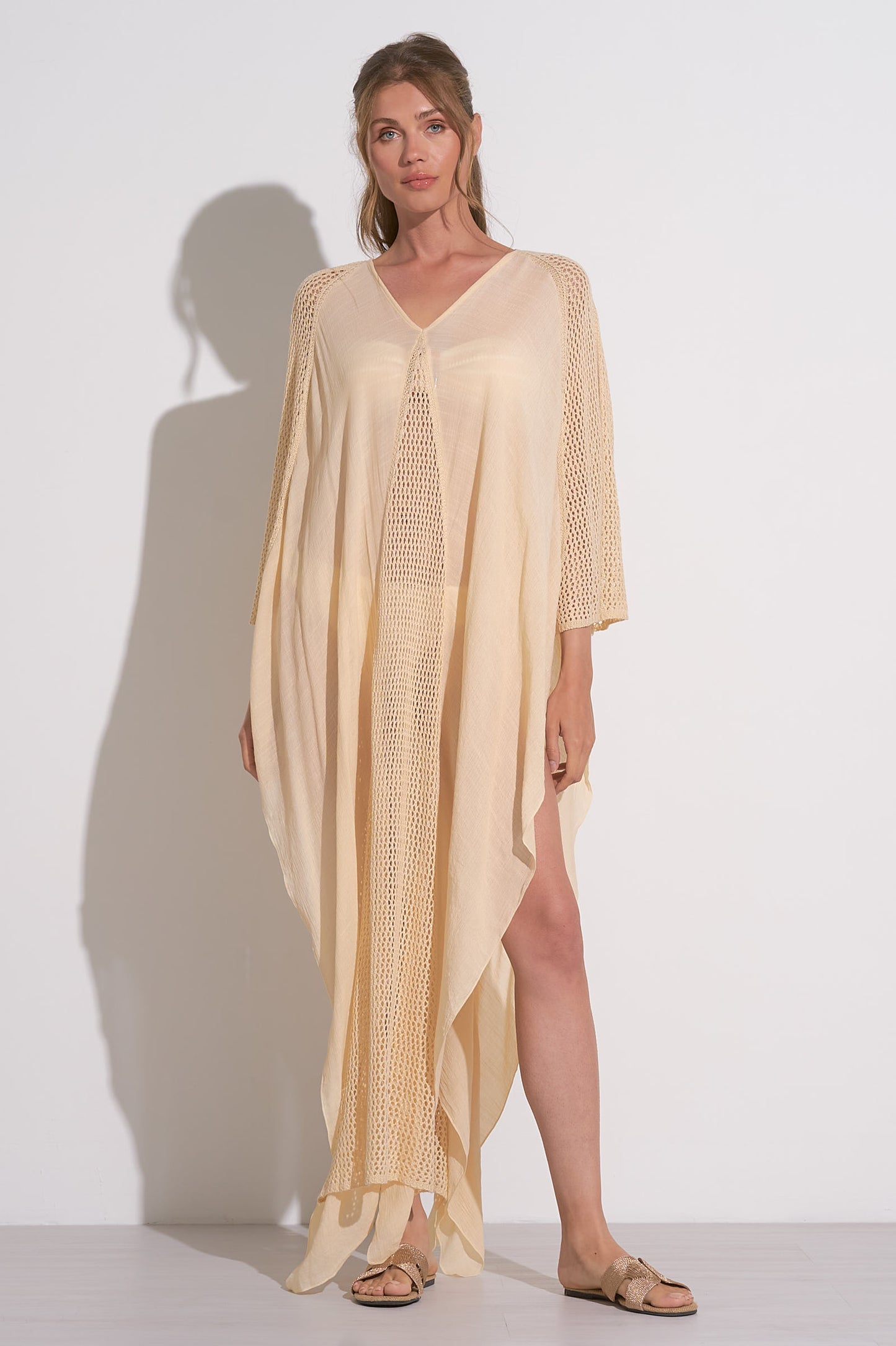 V-NECK CROCHET TRIM KAFTAN IN NATURAL FRONT VIEW