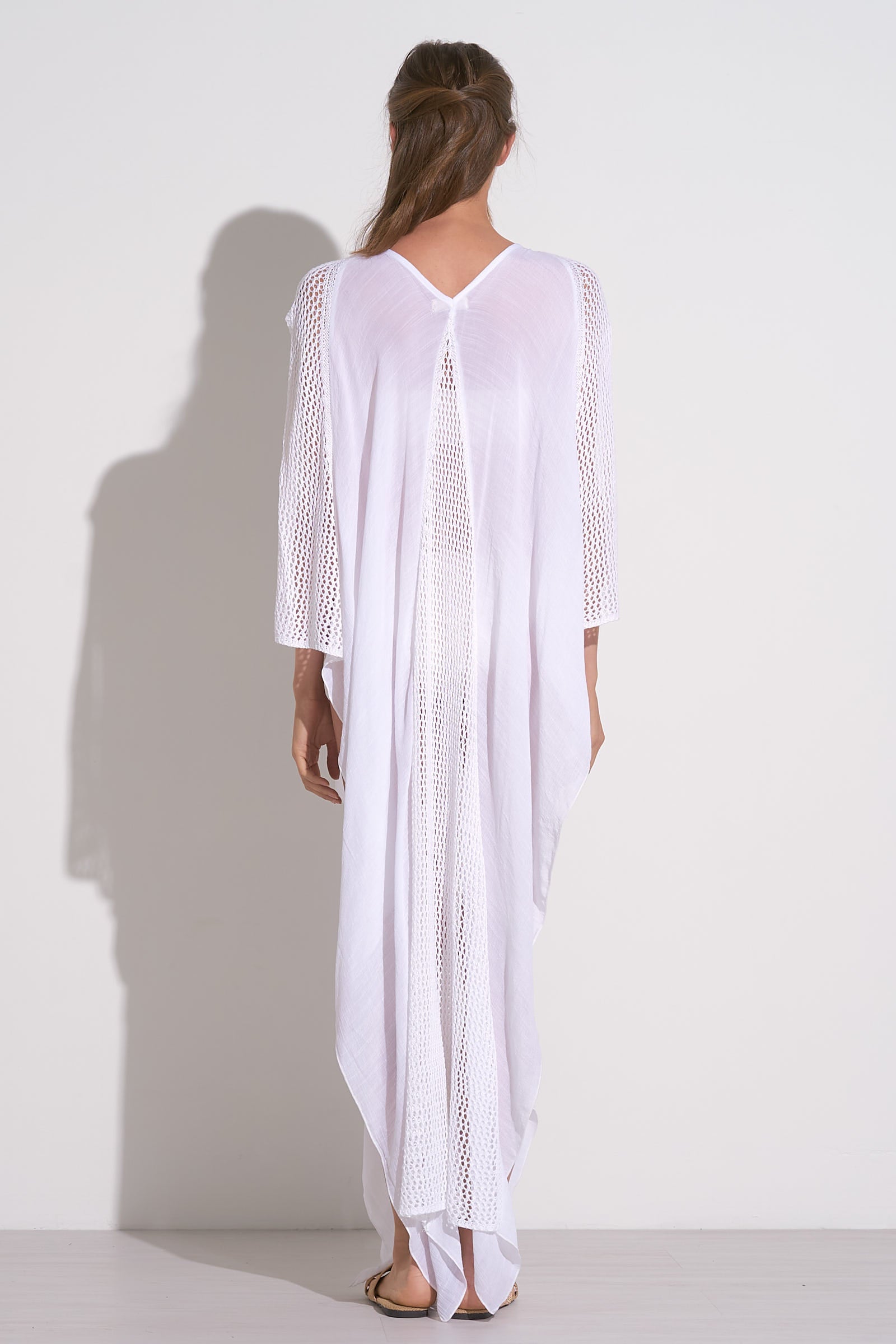 V-NECK CROCHET TRIM KAFTAN IN WHITE BACK VIEW