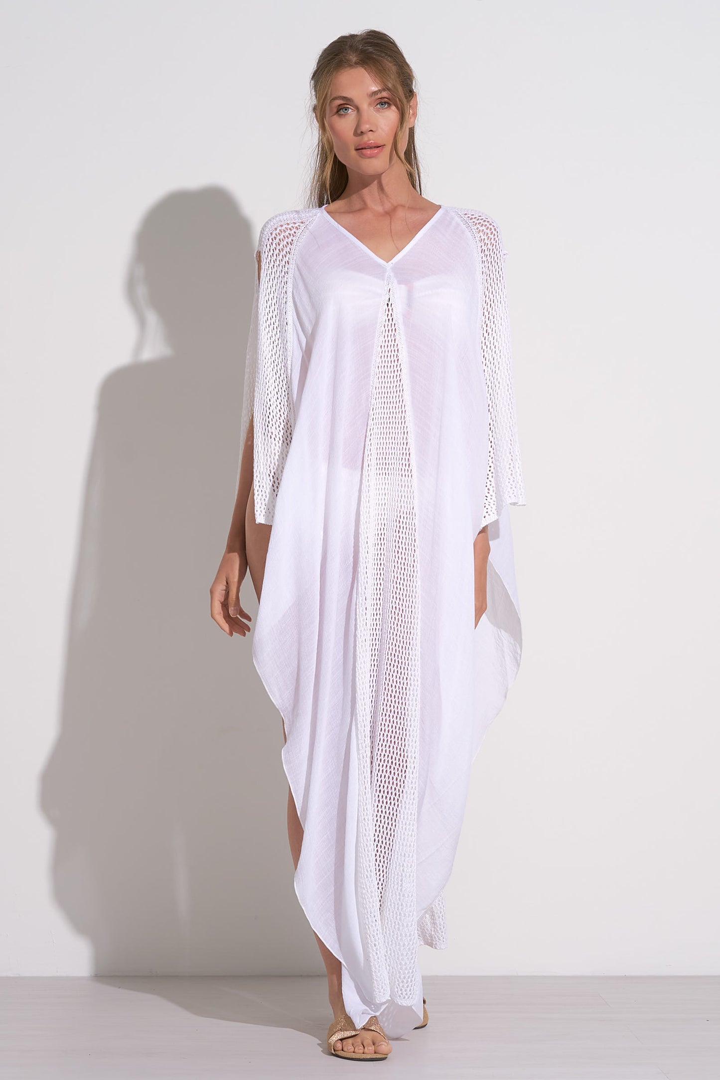 V-NECK CROCHET TRIM KAFTAN IN WHITE FRONT VIEW