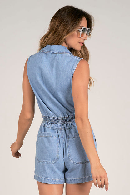 SLEEVELESS COLLARED ROMPER IN BLUE WASH BACK VIEW