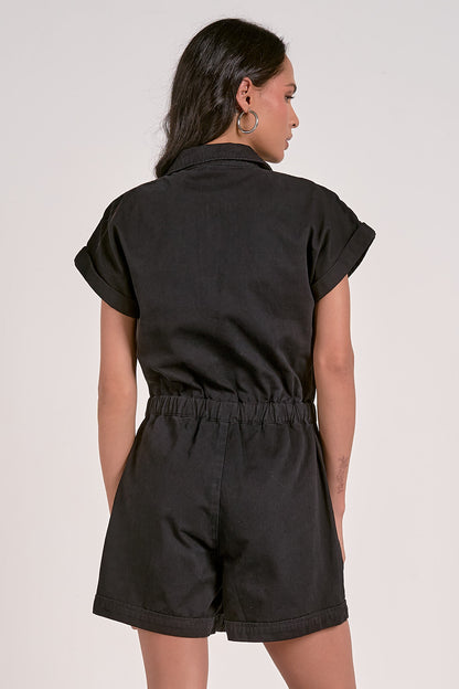 SHORT SLEEVE ZIPPER BELTED ROMPER IN BLACK BACK VIEW