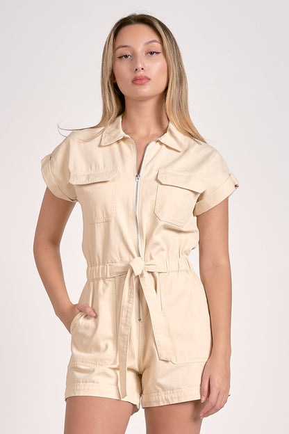 SHORT SLEEVE ZIPPER BELTED ROMPER IN OFF WHITE FRONT VIEW