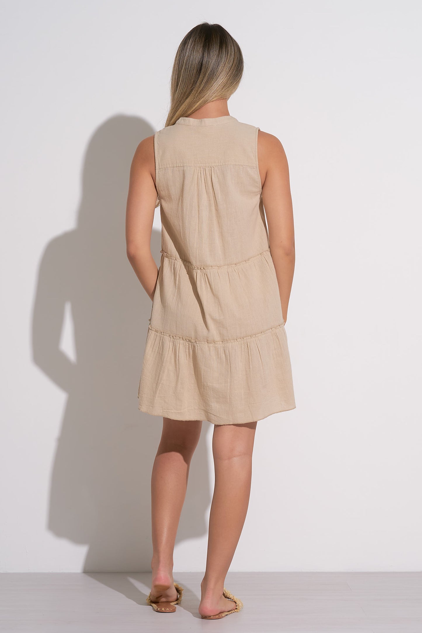 SLEEVELESS A-LINE DRESS IN SAND BACK VIEW