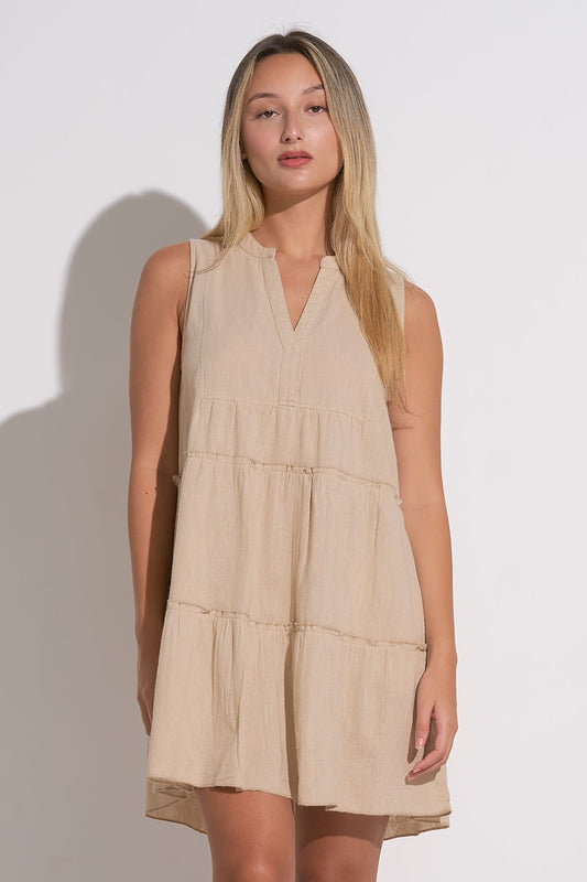 SLEEVELESS A-LINE DRESS IN SAND FRONT VIEW