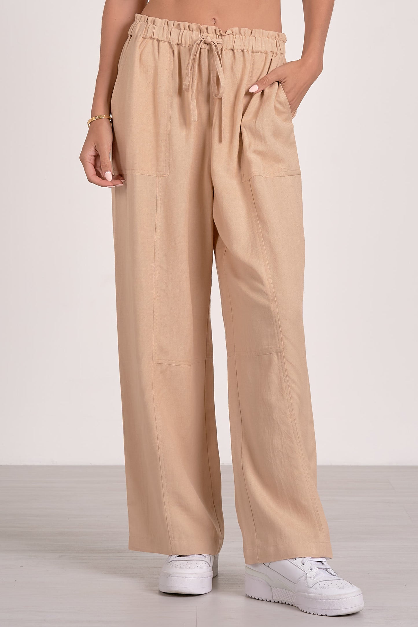 DRAWSTRING WIDE LEG PANT IN SAND FRONT VIEW