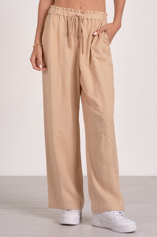DRAWSTRING WIDE LEG PANT IN SAND FRONT VIEW