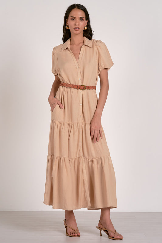 MIDI SHORT SLEEVE TIERED DRESS IN SAND FRONT VIEW