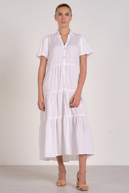 MIDI SHORT SLEEVE TIERED DRESS IN WHITE FRONT VIEW