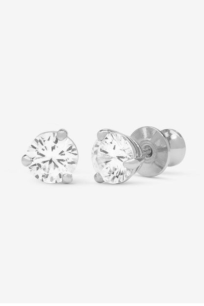 Silver-tone round stud earrings with clear 6mm stone, pair view