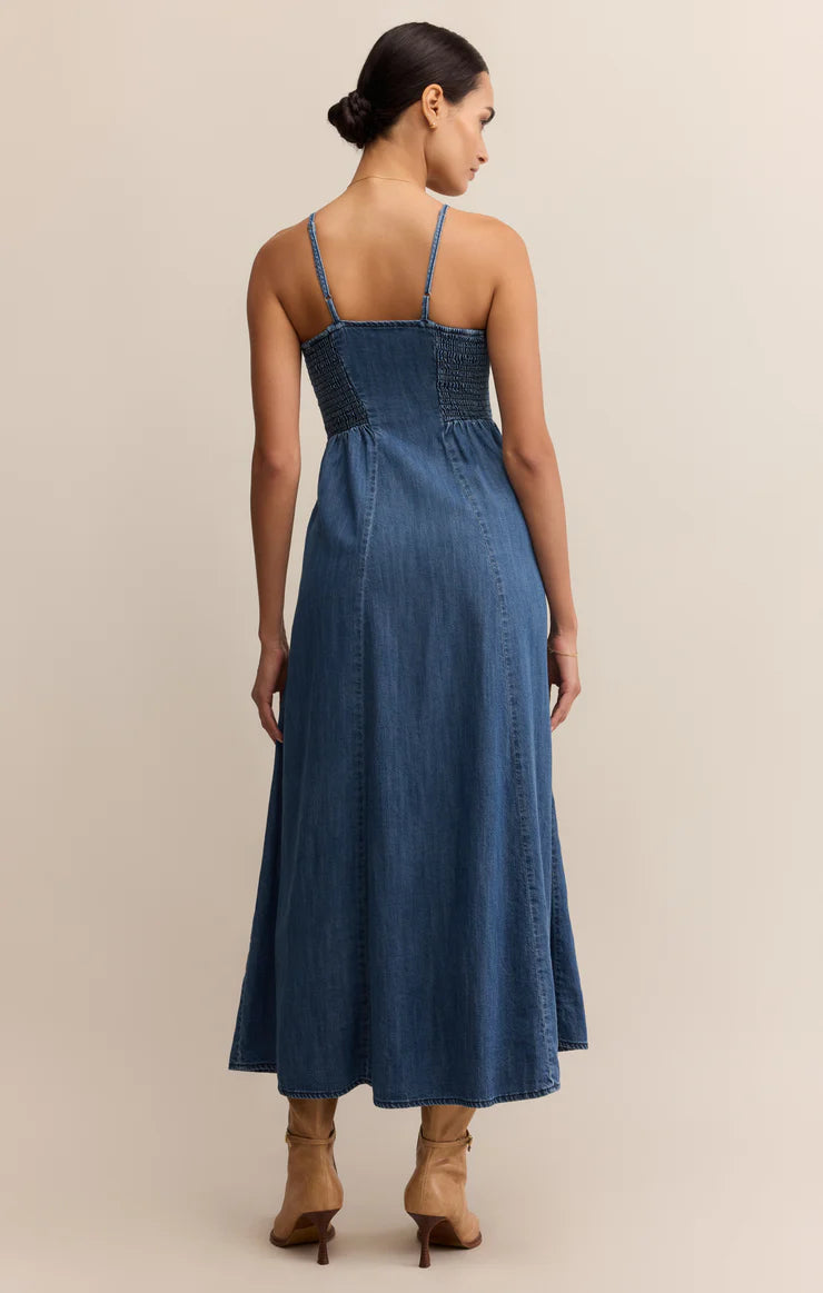 ANGEL EYES DENIM MIDI DRESS IN MEDIUM INDIGO BACK VIEW