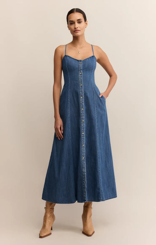 ANGEL EYES DENIM MIDI DRESS IN MEDIUM INDIGO FRONT VIEW
