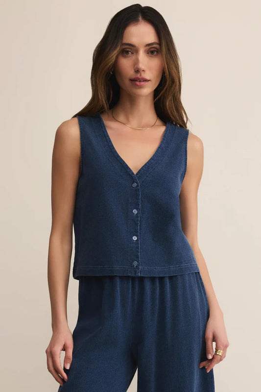 SOLACE JERSEY DENIM TOP IN INDIGO FRONT VIEW