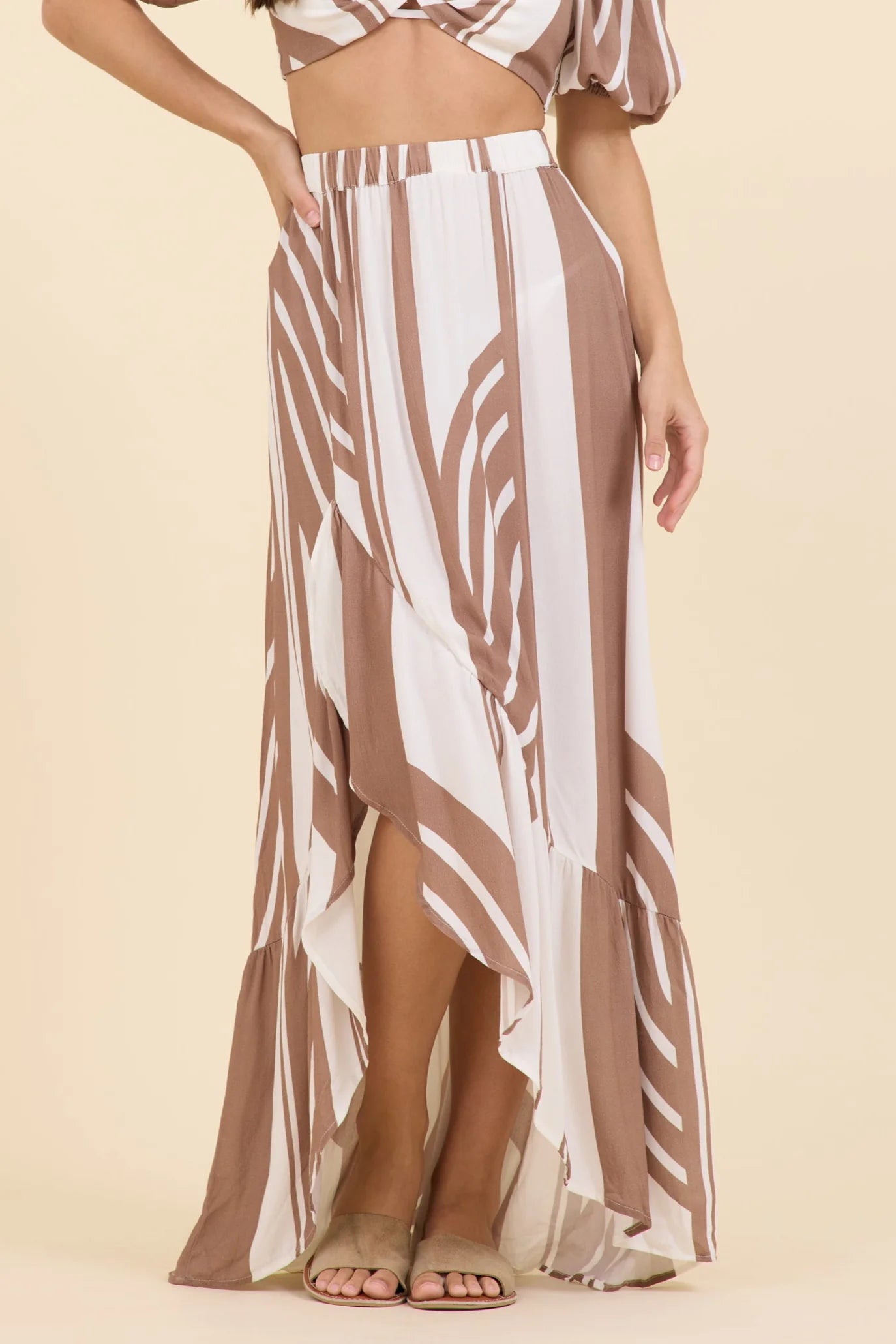 Abstract stripe wrap skirt in neutral front view