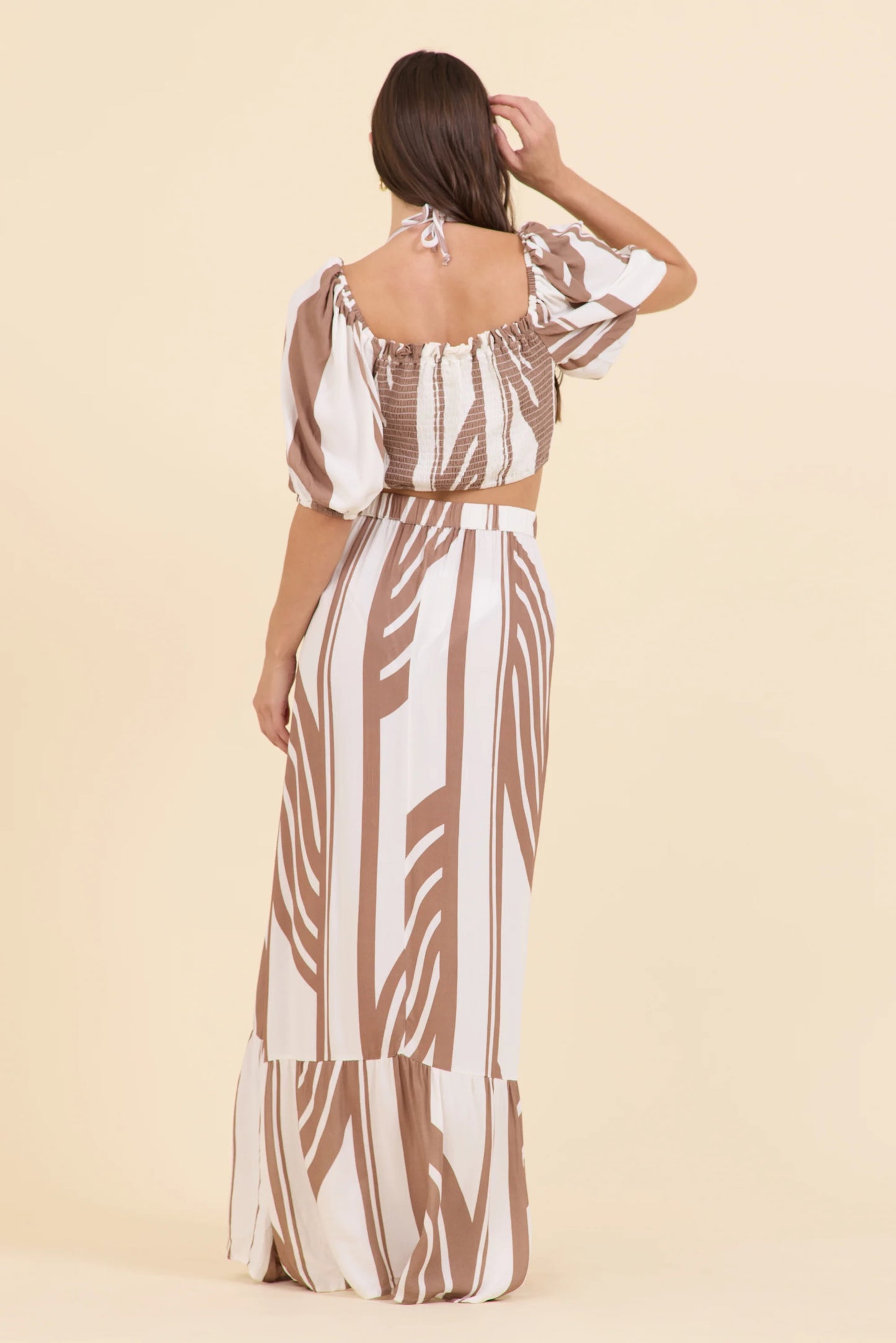 Abstract stripe wrap skirt in neutral back view