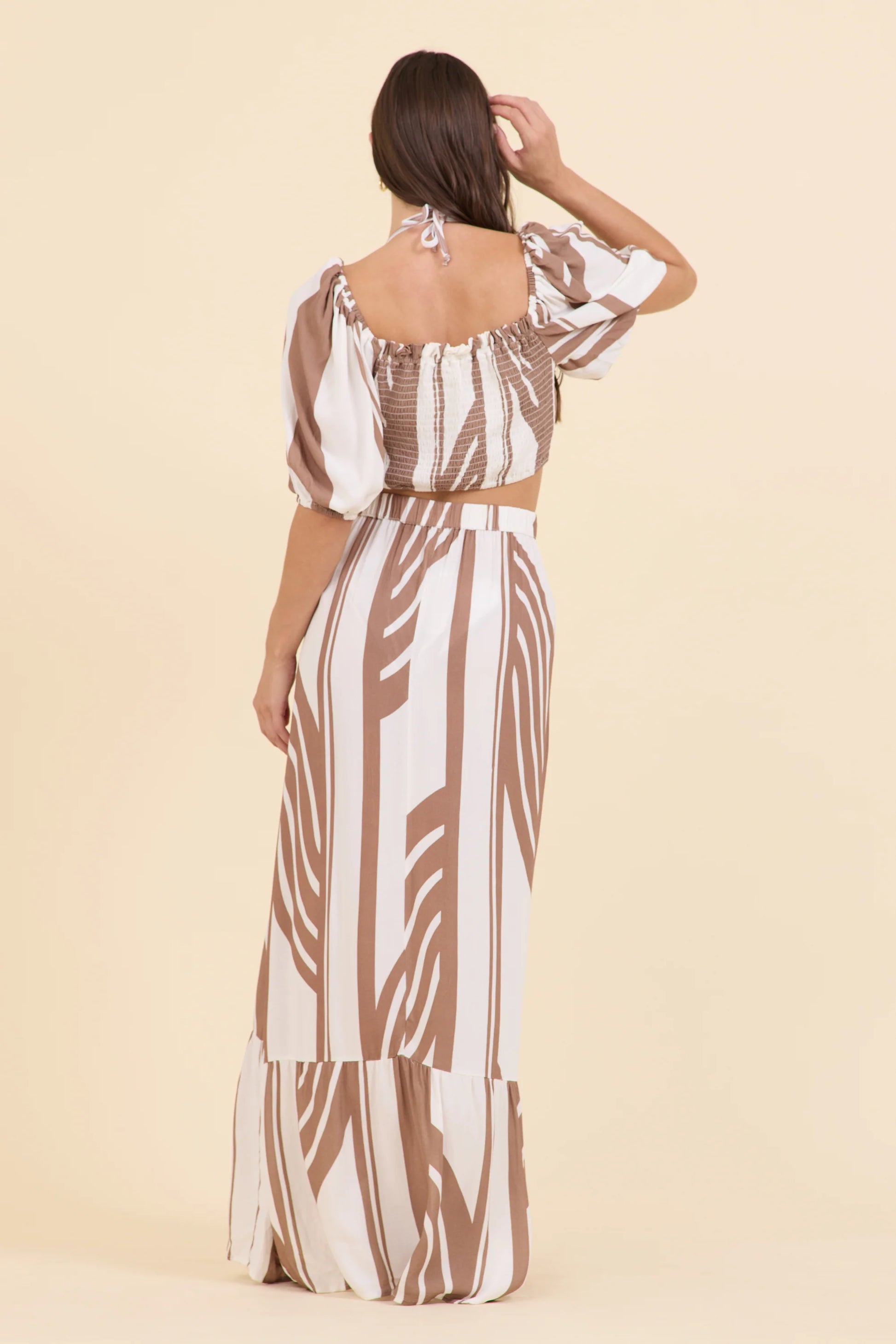 Abstract stripe wrap skirt in neutral back view