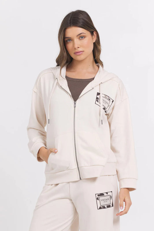 Terry zip hoodie in coconut front view