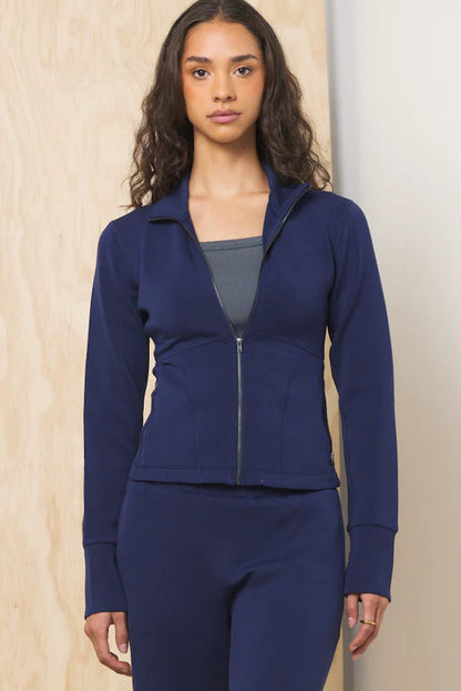 Slim-fit zip-up fleece jacket, navy blue, full-length sleeves