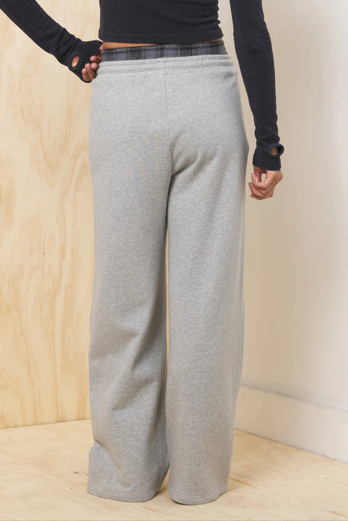 Plaid trim french terry wide leg pant with drawstring moon grey midnight plaid back view