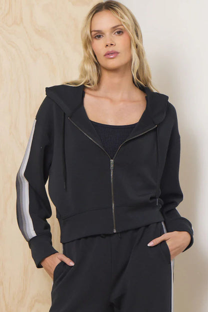 STRIPED CLOUD FLEECE ZIP UP IN BLACK/TONAL GREYS FRONT VIEW