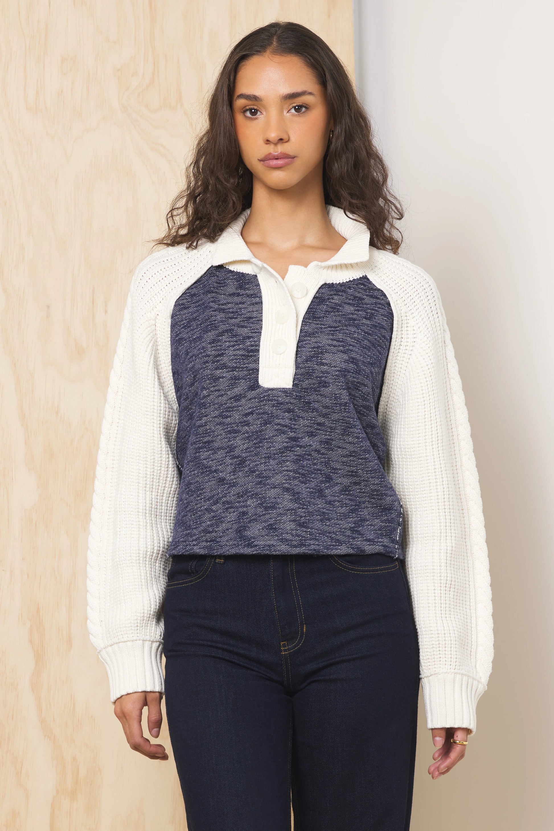 KNIT COLLARED SWEATER IN WINTER CREAM/NAVY FRONT VIEW