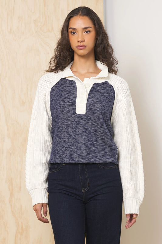 KNIT COLLARED SWEATER IN WINTER CREAM/NAVY FRONT VIEW