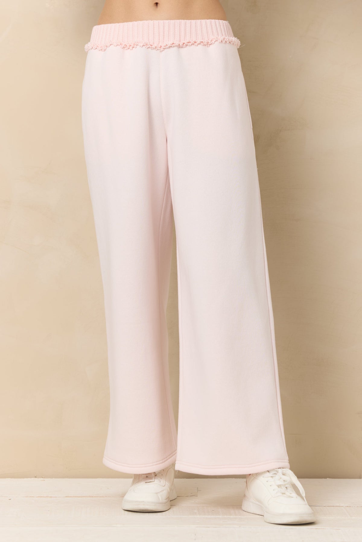 Fleece pant with rib waistband in pink hibiscus color variant