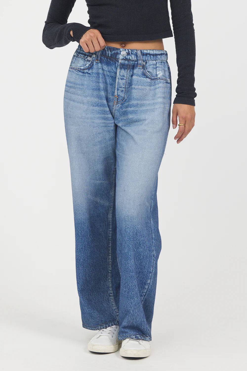 FLEECE WIDE LEG PANT IN MEDIUM DENIM FRONT VIEW
