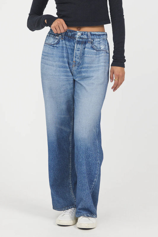 FLEECE WIDE LEG PANT IN MEDIUM DENIM FRONT VIEW