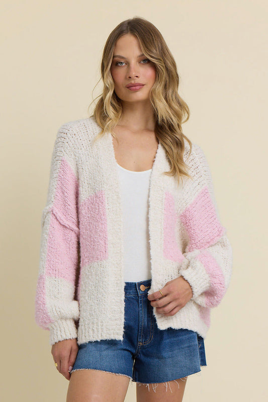 Ivory and pink checkered knit cardigan, open front, long sleeves