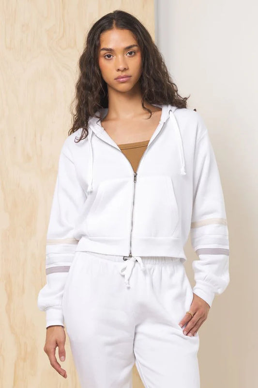 STRIPE FLEECE ZIP UP IN WINTER WHITE FRONT VIEW