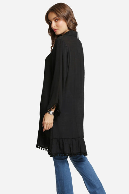 LONG SLEEVE MID LONG SHIRT POM TRIM IN BLACK BACK VIEW