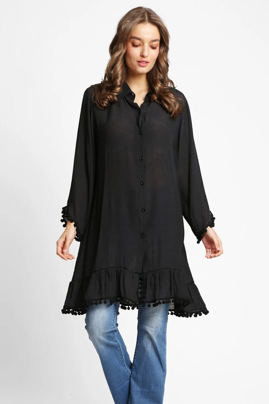 LONG SLEEVE MID LONG SHIRT POM TRIM IN BLACK FRONT VIEW