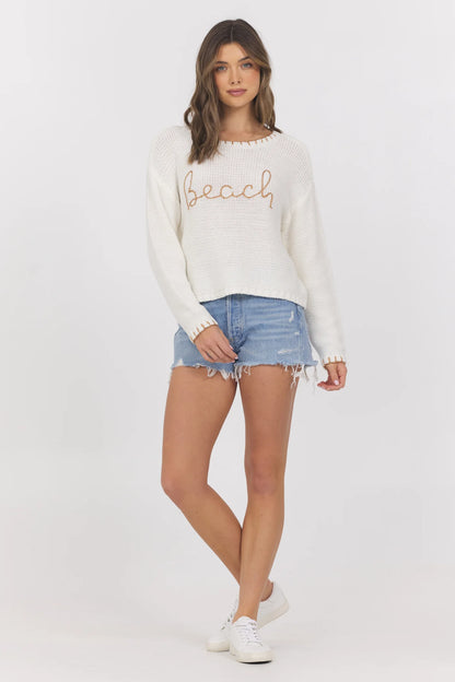 EMBLEM LONG SLEEVE SWEATER IN WHITE/TAN FRONT VIEW