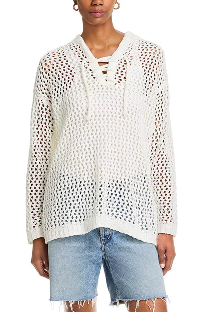 LACE UP NETTED HOODIE IN CLASSIC WHITE FRONT VIEW