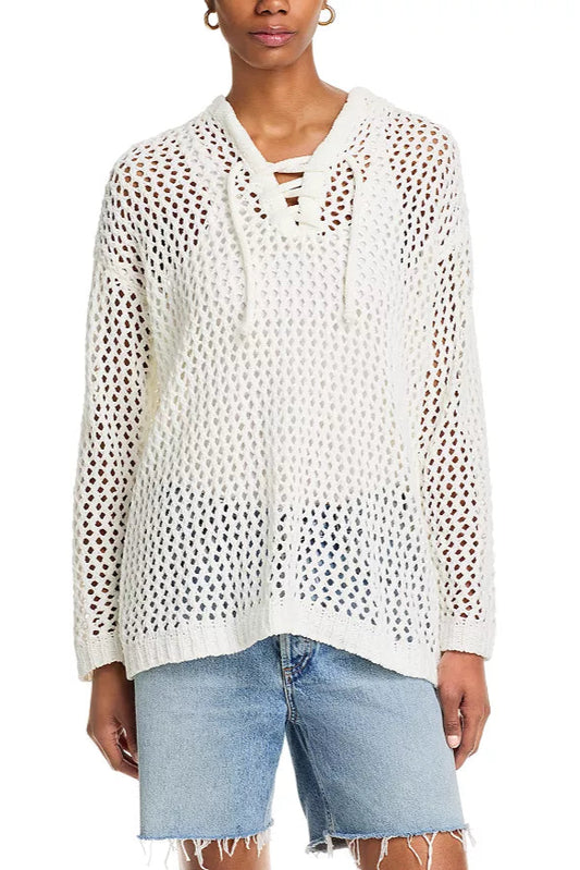 LACE UP NETTED HOODIE IN CLASSIC WHITE FRONT VIEW