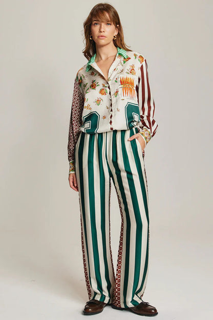 ISABEL PRINTED SHIRT IN SPORTY JADE FRONT VIEW WORN