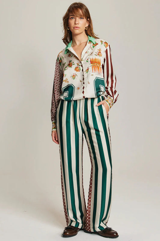 ISABEL PRINTED SHIRT IN SPORTY JADE FRONT VIEW WORN