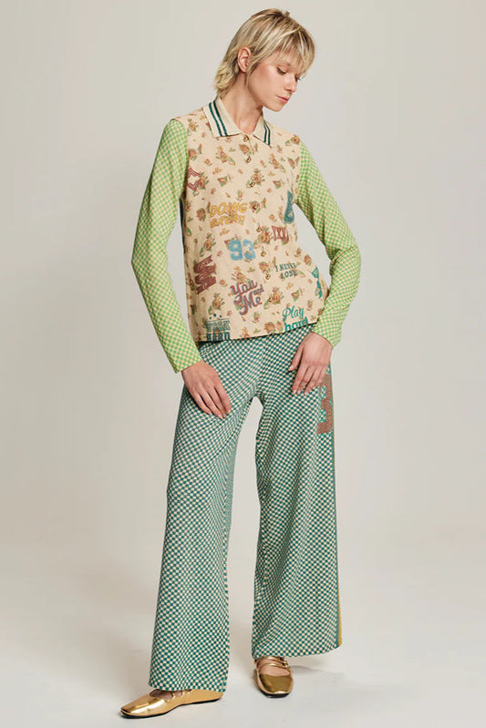 MICHELLE WIDE LEG KNIT PANTS IN SPORTY JADE FRONT VIEW WORN