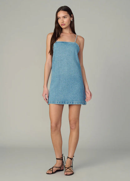 Clean denim shift dress in denim Liberty front view