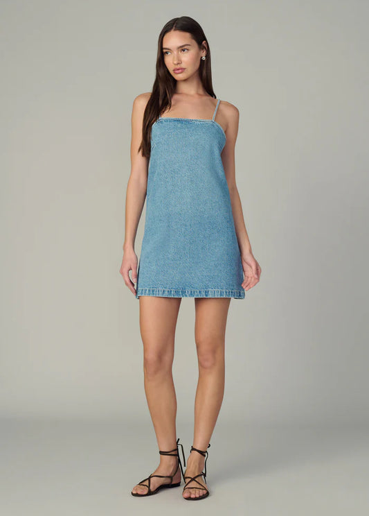 Clean denim shift dress in denim Liberty front view