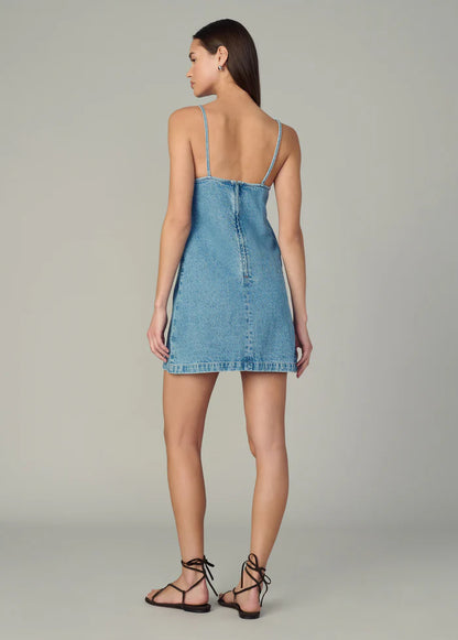 Clean denim shift dress in denim Liberty back view