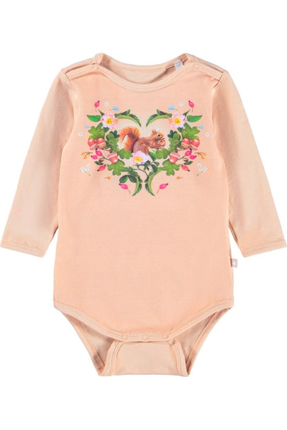 FOSS LONG SLEEVE BODYSUIT IN SQUIRREL HEART FRONT VIEW